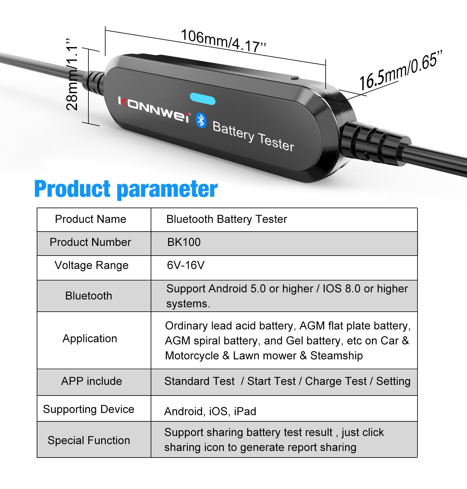 Tester baterií s funkcí Bluetooth Konnwei BK100