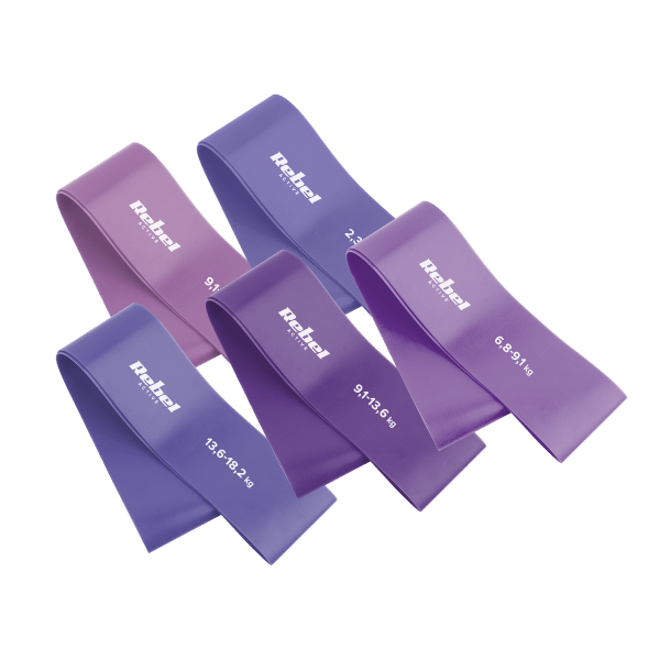 Zestaw gum do ćwiczeń lateksowy - Mini Band L, 2.3-18.2 kg, 5 gum, fioletowy, REBEL ACTIVE